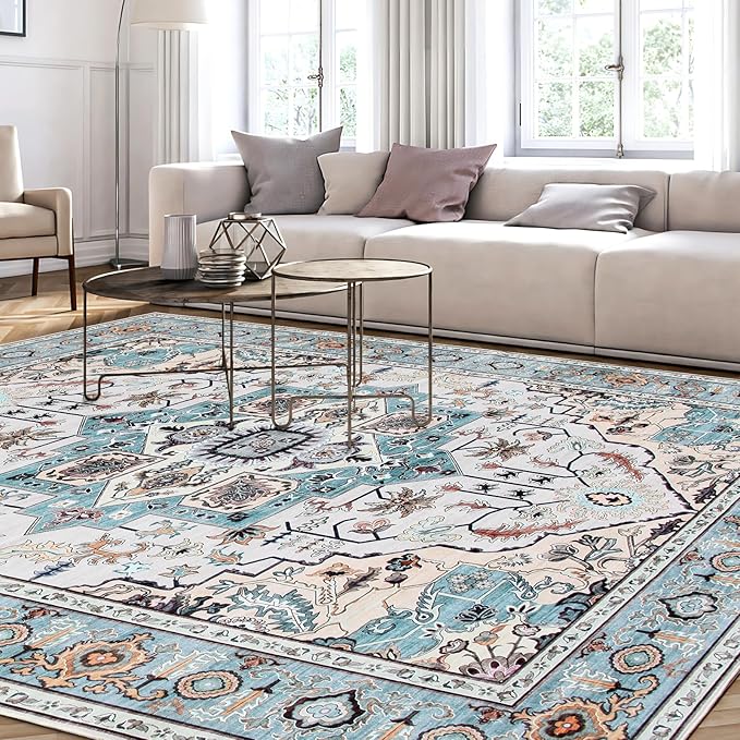 WILLSUN Washable Area Rugs, 9x12 Non-Slip Boho Large Area Rugs for Living Room, Bedroom, Machine Washable Vintage Rug, Indoor Floral Print Carpet for Home Decor, Kid & Pet Friendly Mat