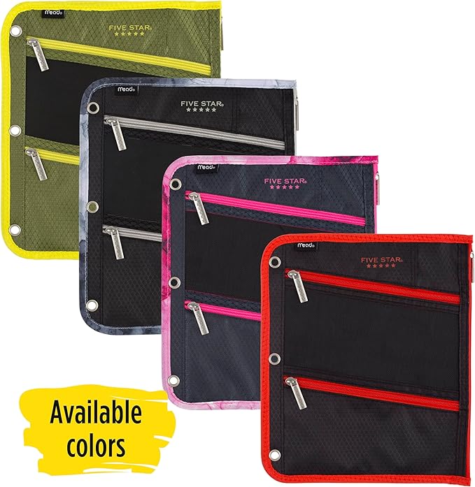 Five Star Pencil Pouch, Pen Case, 3-Pocket Zipper Pouch, Fits 3-Ring Binder, Random Color Shipped, 1 Count (50642)