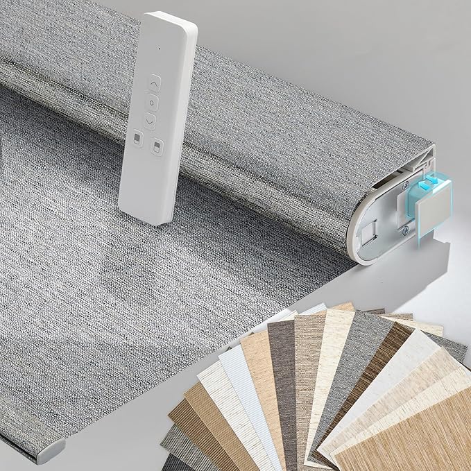 Persilux Smart Motorized Blinds with Remote, No Drill Automatic Roller Shades for Indoor Windows, Light Filtering Linen Fabric, Electric Blinds for Windows, Linen Grey C156-5, Custom Size