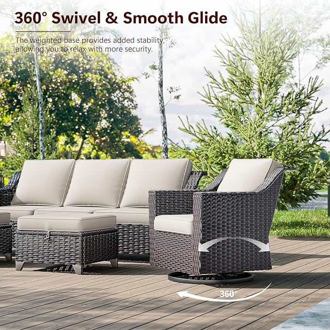 4 Pieces Wicker Patio Furniture, Luxury Outdoor Furniture with 2 Patio Swivel Chai and 2 Patio Ottoman, Wide Armrest, Thickened Cushions, Ideal for Deck, Porch Use