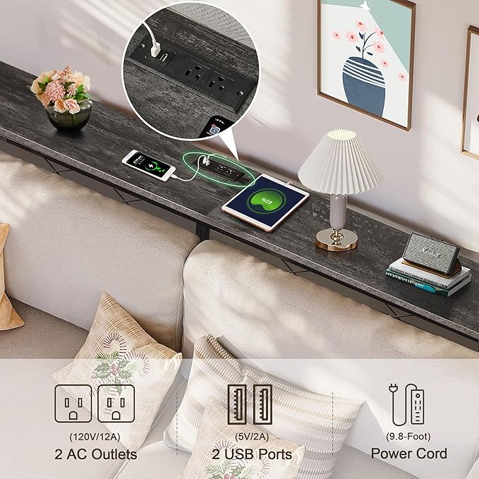 VECELO 71In Extra Long Narrow Sofa/Console Table with Charging Station & Power Outlet and USB Ports, for Entryway, Living Room, Office, Industrial, Dark Grey