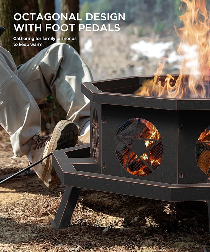35 inch Fire Pit, Large Firepits for Outside Wood Burning Fire Pits with Cooking Grill, Outdoor Fire Pit Octagonal Heavy Duty Firepit with Poker for Bonfire, Backyard, Patio, Bronze