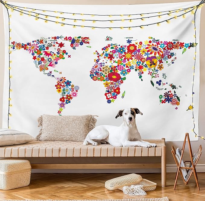 Ambesonne Floral World Map Tapestry, Bunch of Flower Petals Essence Fragrance Garden Growth Theme Atlas Image, Fabric Wall Hanging Decor for Bedroom Living Room Dorm, 28" X 23", Red White