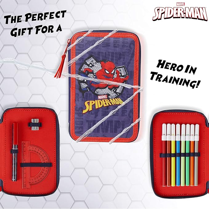 Marvel Boy's Pencil Case, Pencil Case with Compartments Filled School Supplies, Felt, Coloured Pencil, Spiderman Avengers Back to School Gift