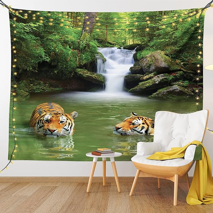 Ambesonne Savannah Tapestry, Siberian Tigers in Water Waterfall Pool Woodland Swimming Natural, Fabric Wall Hanging Decor for Bedroom Living Room Dorm, 30" X 45", Reseda Green Orange