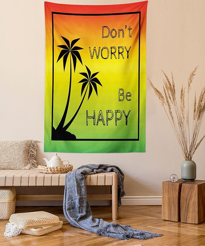 Ambesonne Rasta Tapestry, Dont Worry Be Happy Music Words of Iconic Singer Palms Ombre Colors, Fabric Wall Hanging Decor for Bedroom Living Room Dorm, 23" X 28", Lime Green Yellow Black