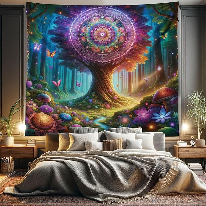 Ambesonne Nature Tapestry King Size, Wonderland Forest Tree Trippy Mandala Floral with Butterfly Ensemble Dream, Wall Hanging Bedspread Bed Cover Wall Decor, 104" X 88", Indigo Green Aqua
