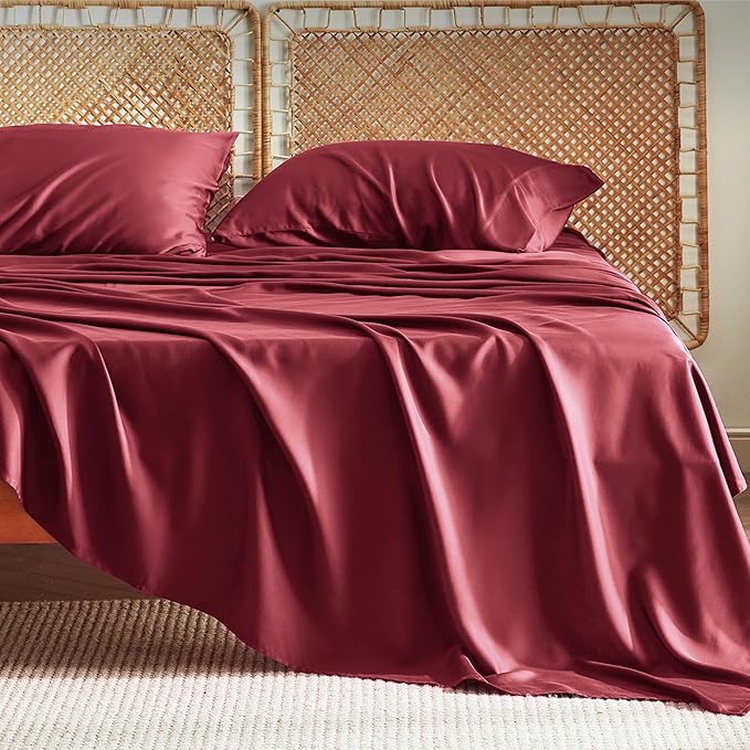 Bedsure King Size Sheets Set, Cooling Sheets for Hot Sleepers, Rayon Derived from Bamboo, Breathable & Soft, Deep Pocket Up to 16 Inches, Hotel Luxury Silky Bedding, Burgundy