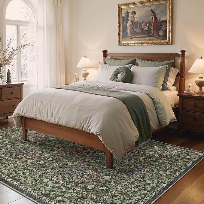 GENIMO 5x7 Floral Area Rug for Living Room, Vintage Boho Non-Slip Carpet, Soft Low-Pile Lightweight Indoor Rug, Stain Resistant Thin Rug for Bedroom, Dining Room, Nursery, Emerald Green