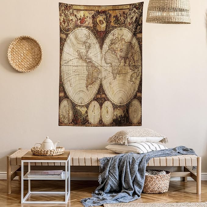 Ambesonne World Map Tapestry King Size, Old World Map Drawn in 1720s Nostalgic Style Art Historical Atlas Vintage Design, Wall Hanging Bedspread Bed Cover Wall Decor, 68" X 88", Multicolor