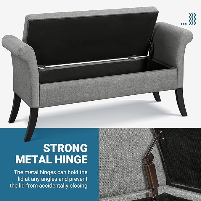 Yaheetech Ottoman with Storage, 52" Storage Ottoman Bench with Safety Hinge, Upholstered Bench with Seating for Bedroom, Living Room, Holds up to 661 lb, Light Gray