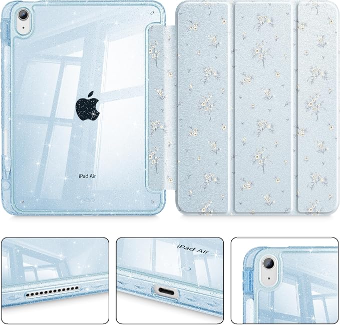 for iPad Air 11 inch M4/M3/M2 (2026/2025/2024) iPad Air 5th/4th Gen (2022/2020) 10.9 inch with Pencil Holder Glitter Clear Pretevtive Cover Auto Wake/Sleep Black Cartoon Stickers