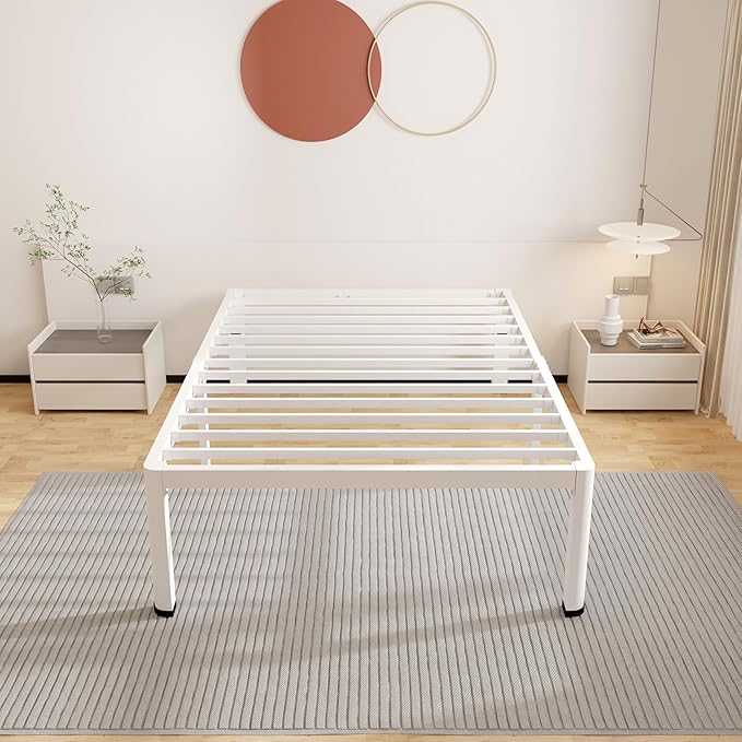 ROIL 18 Inch White Twin XL Bed Frame with Rounded Corner and Headboard Hole Mattress Retainers 3500LBS Heavy Duty Steel Slats No Box Spring Needed Platform Noise-Free Easy Assembly