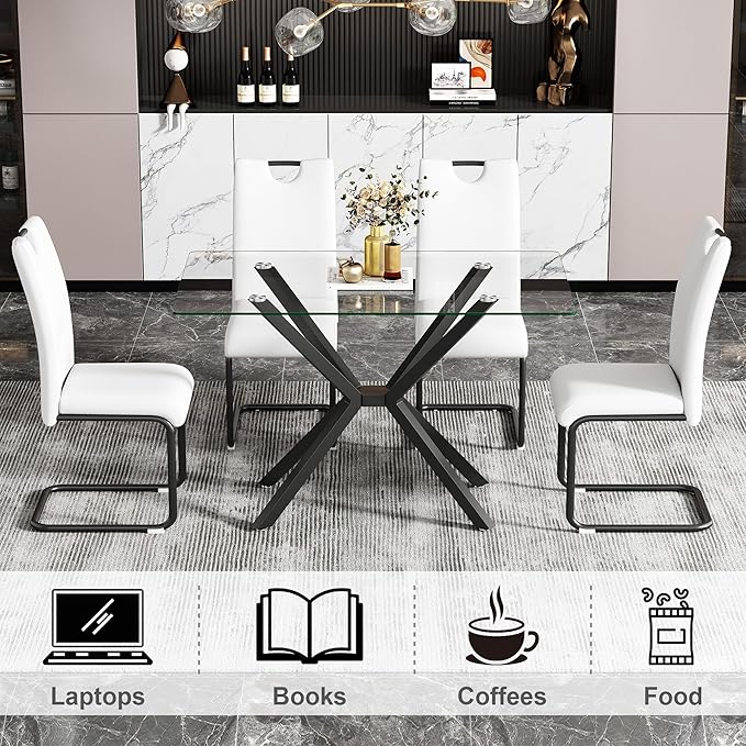 47.2" Glass Dining Table, Modern Kitchen Table for 4 People, Contemporary Rectangular Dining Room Dinner Tables with Clear Glass Top & Black Metal X Legs for Kitchen Apartment