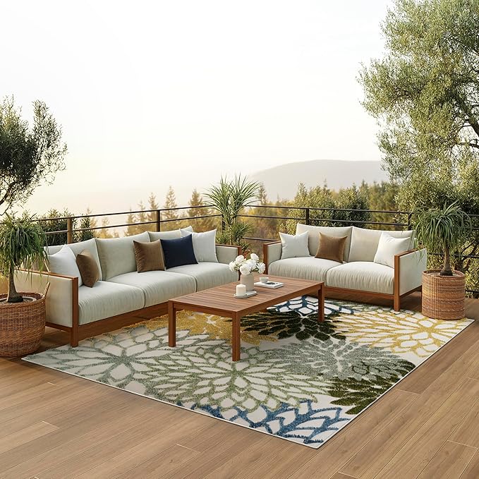 Nourison Home Aloha Tropical Indoor/Outdoor Green Multicolor 6' x 9' Area Rug, Easy Cleaning, Non Shedding, Bed Room, Living Room, Dining Room, Backyard, Deck, Patio (6x9)