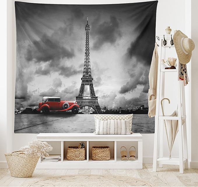 Ambesonne Eiffel Tower Tapestry, Image of Eiffel Tower Paris France Vintage Car Street Dark Clouds, Fabric Wall Hanging Decor for Bedroom Living Room Dorm, 45" X 30", Black Red