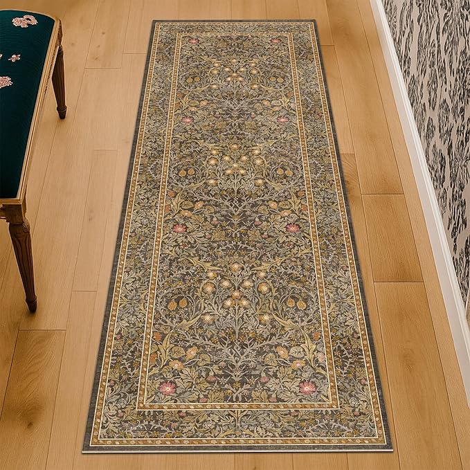 Non Slip 2x5 Gold Brown Bathroom Runner Rug - Small Runner Rugs, Washable Kitchen Floor Mat, Bedroom, Laundry Room, Hallway Runner - Vintage Oriental Décor