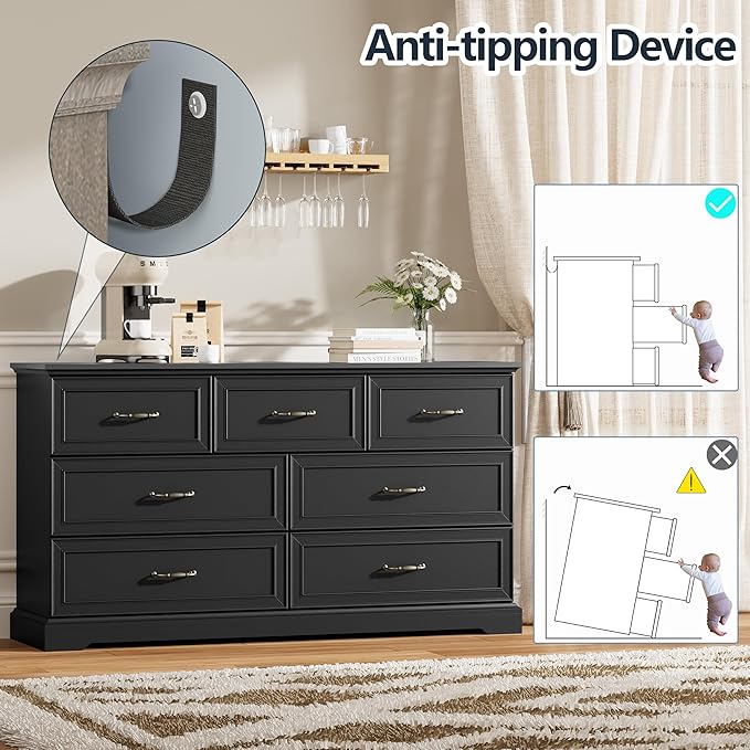 7 Drawer Dresser for Bedroom, 57" Wide Wooden Chest of Drawers, Rustic Farmhouse Dresser with Large Drawers & Metal Handles, Modern Storage Organizer for Closet, Living Room, Hallway, Black
