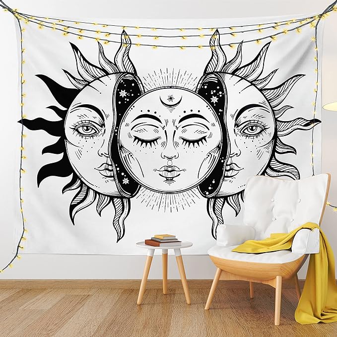 Ambesonne Moon Tapestry King Size, Monochrome Sun and Moon Pattern Oriental Image Culture Inspired Design Print, Wall Hanging Bedspread Bed Cover Wall Decor, 104" X 88", White Black