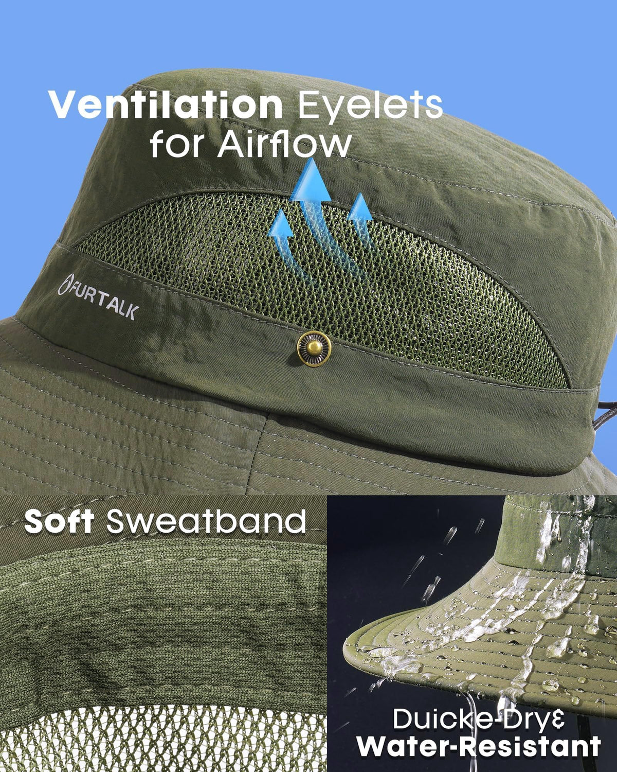FURTALK Mens Bucket Sun Hat UPF Protection Wide Brim Breathable Fishing Hat