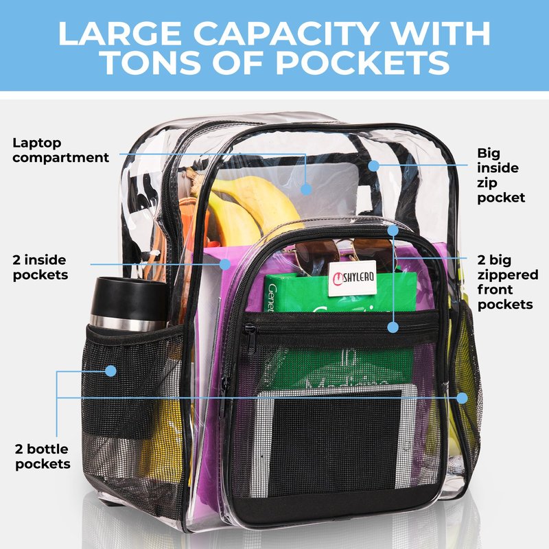 SHYLERO Clear Backpack Heavy Duty has TSA Lock, 2-WAY Zipper. PVC Transparent Backpack Is Extra Large - H18''xW14''xD8
