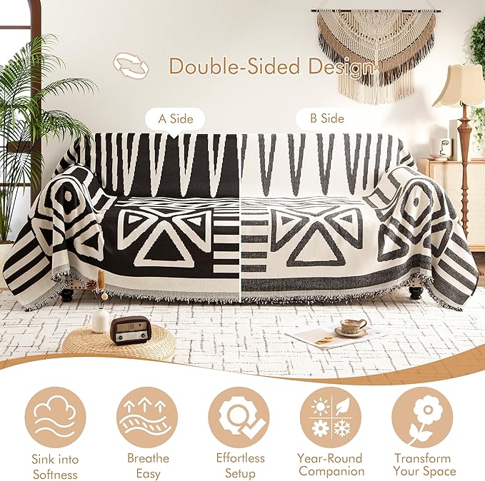 Couch Cover for 3 Cushion Couch Sofa Pet Friendly, Boho Sectional L Shaped Sofa Cover Washable for Dogs Cats Kids, Leather Furniture Protector Slipcover Decor for Living Room, 71"x134"