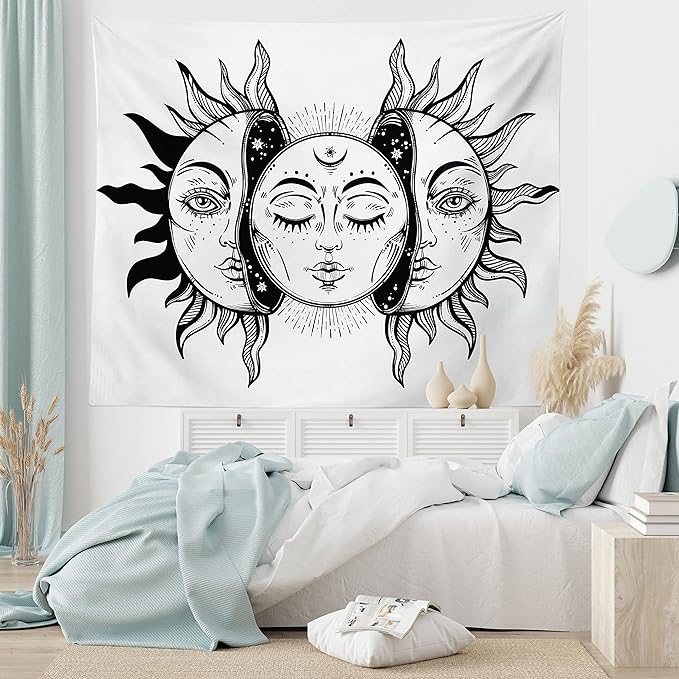 Ambesonne Moon Tapestry, Monochrome Sun and Moon Pattern Oriental Image Culture Inspired Design Print, Fabric Wall Hanging Decor for Bedroom Living Room Dorm, 30" X 45", White Black