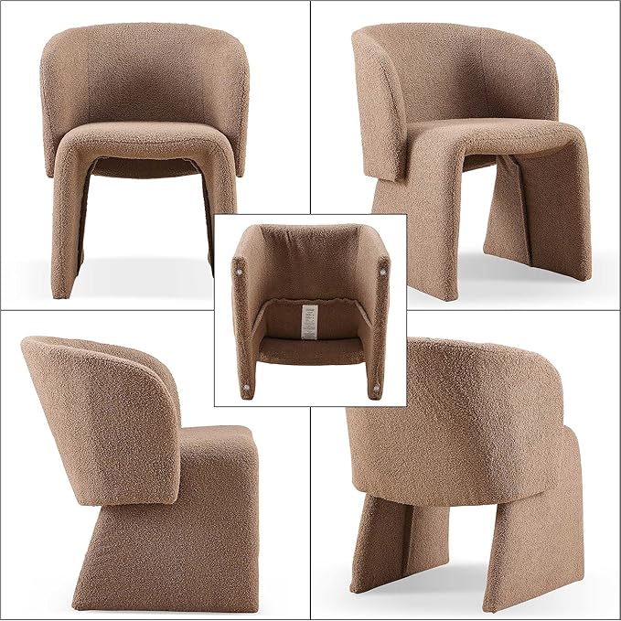 Modern Dining Chair Brown Upholstered Barrel Home Kitchen Chair with Metal Frame, Comfy Accent Chair Teddy Velvet Single Sofa Chair for Living Room,Bedroom