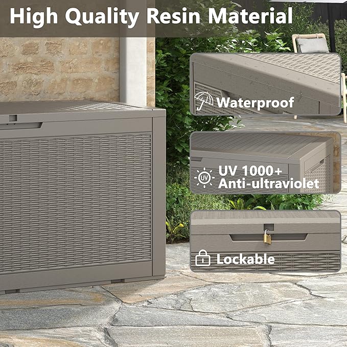 NUNU LAB 102 Gallon Large Waterproof Resin Deck Box, Lockable Outdoor Storage Box with Gas Lift, Patio Cushions, Garden Tools, Pool Supplies, Indoor Outdoor Storage Container, Grey