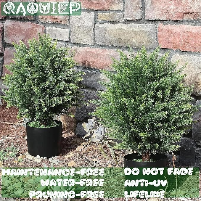 Artificial Cedar Topiary Trees - 24" Tall 17" Wide Set of 2 | Outdoor UV Resistant Fake Plants | Faux Evergreen Bushes Outdoor Indoor Porch Patio Décor | No Maintenance
