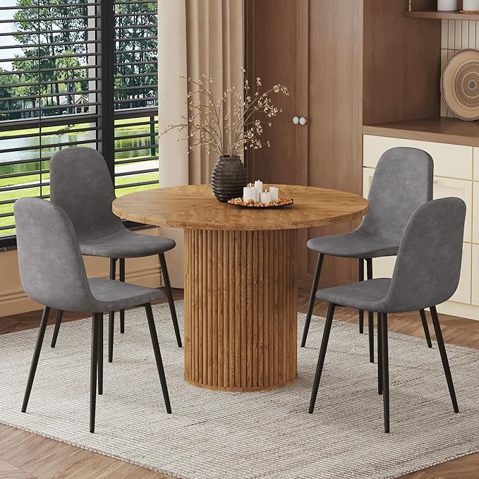 AZmac Round Dining Table Set for 4, Wooden Round Table 5-Piece with Modern Farmhouse Dining Table and 4 Fabric Chairs for Kitchen Dining Room, Wooden Table + 4 Gray Chairs