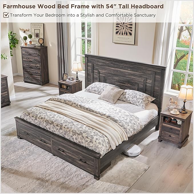 RedLemon Farmhouse Queen Size Bed Frame w/ 54" Tall Geometric Headboard, Rustic Wood Platform Bed w/ 2 Large Storage Drawers, Wood Slats Support, Noise Free, No Box Spring Needed, Dark Rustic Oak