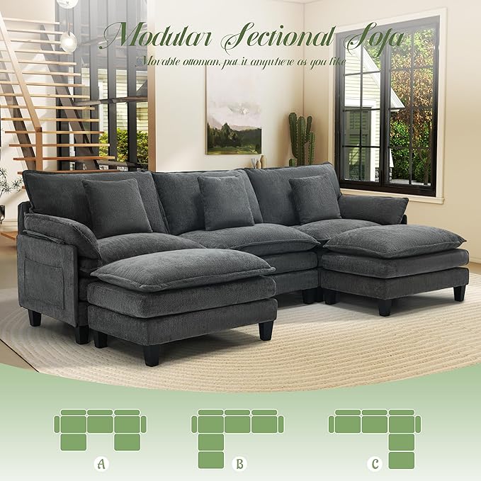 Modular Sectional Sofa, Comfy Cloud Couch with Movable Ottoman, Deep Seat Couches for Living Room, Bedroom and Apartment, 106" U Shaped Modern Sofa with Pillows, Grey