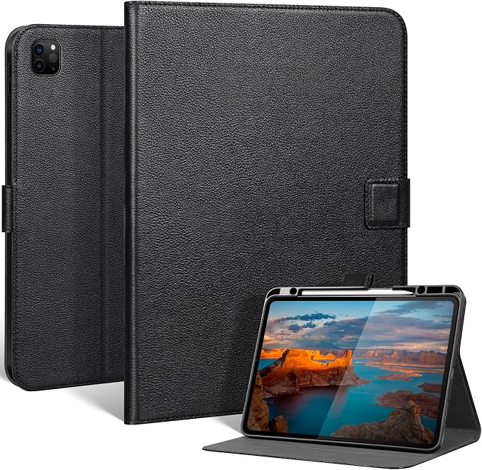 Leather Case for iPad 11th/10th Gen (11/10.9) Black | Genuine Leather Pencil Holder Adjustable Stand Magnetic Closure Auto Wake/Sleep