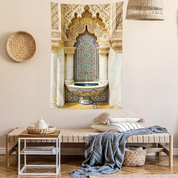 Ambesonne Moroccan Tapestry Queen Size, Vintage Building Design Art Historic Exterior Facade with Mosaic Print, Wall Hanging Bedspread Bed Cover Wall Decor, 88" X 88", Ivory Pale Brown Blue