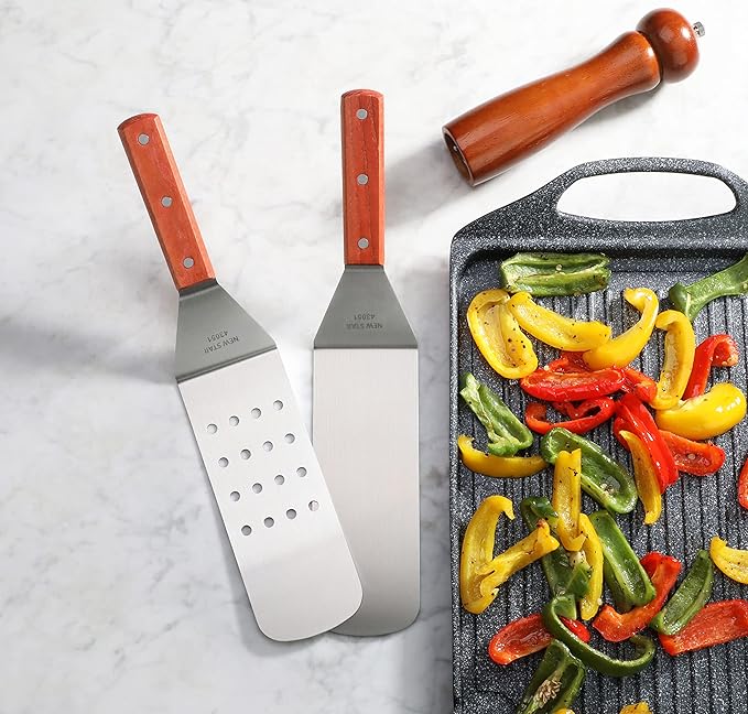New Star Foodservice 14.5 Inch Flexible Grill Spatula Set, 2-Piece Stainless Steel Turners with Wood Handles for Griddle, Flat Top, Grill, and Restaurant Use