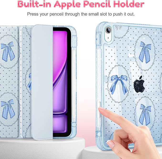 for iPad Air 11 inch M4/M3/M2 (2026/2025/2024) iPad Air 5th/4th Gen (2022/2020) 10.9 inch with Pencil Holder Glitter Clear Pretevtive Cover Auto Wake/Sleep Black Cartoon Stickers