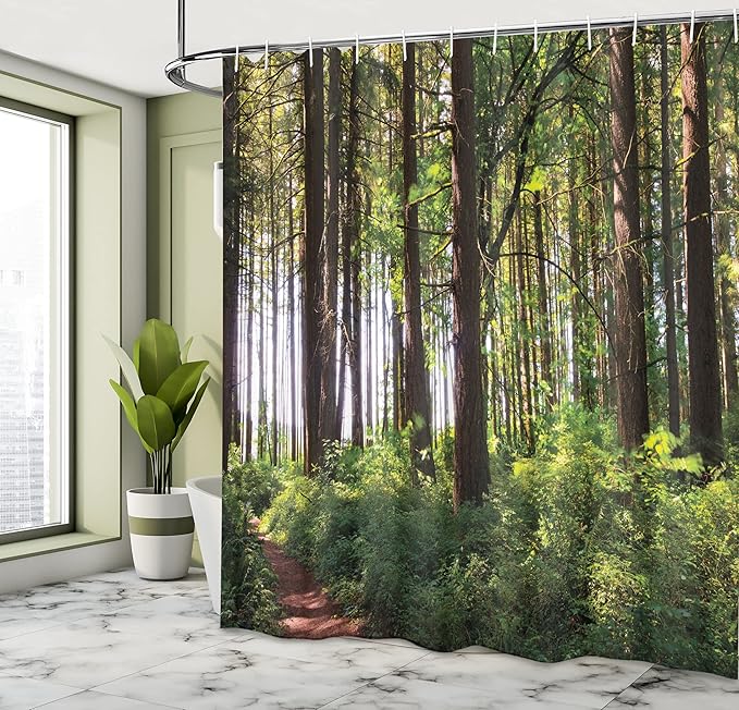Ambesonne Forest Shower Curtain, Pathway in a Shady Forest of Bushes and Thick Trunks Grass Unique Wild Life Scenery, Cloth Fabric Bathroom Decor Set with Hooks, 69" W x 70" L, Green Brown