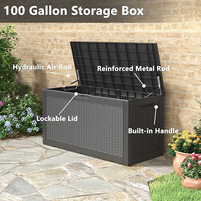 100 Gallon Deck Box Lockable Resin Outdoor Storage Box waterproof Outdoor Container for Patio Furniture Cushions, Pillow