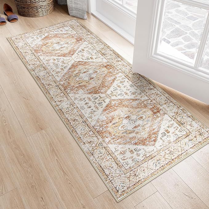 Lahome Boho Washable Runner Rug - 2x6 Hallway Rug Kitchen Runner Non-Slip Throw Thin Bedroom Rugs Laundry Room Oriental Distressed Print Carpet for Entrance Bathroom Living Room