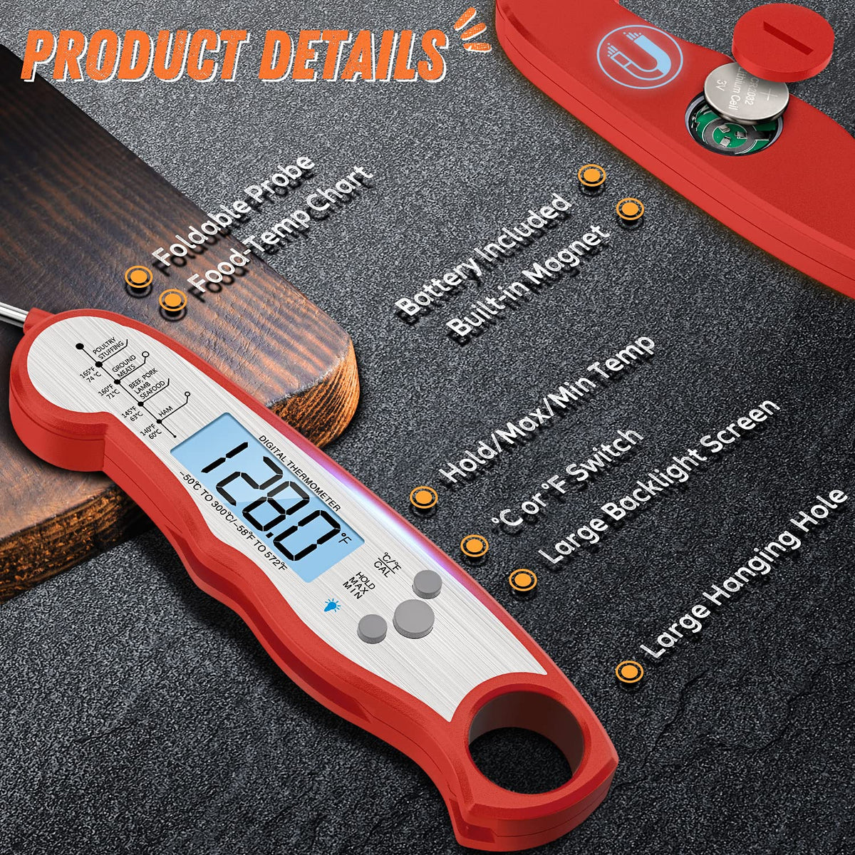 Digital Meat Thermometer, Waterproof Instant Read Food Thermometer for Cooking and Grilling, Kitchen Gadgets, Accessories with Backlight & Calibration for Candy, BBQ Grill, Liquids, Beef, Turkey…