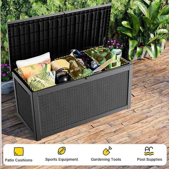 268 Gallon Outdoor Deck Box,Storage Lockable Waterproof Patio Furniture,Garden Tools,Cushions,Pool Accessories Outside Storage Resin Box(Black)