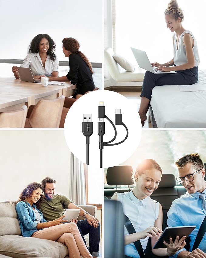 Anker Powerline II 3-in-1 Cable Lightning/Type C/Micro USB Cable for iPhone iPad Huawei HTC LG Samsung Galaxy Sony Xperia Android Smartphones iPad Pro 2018 and More(3ft Black) | 3-in-1 Cable