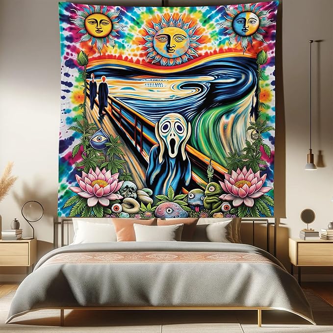 Ambesonne Trippy Tapestry Queen Size, Tie Dye Effect Esoteric Sun Moon Psychedelic the Scream Interpretation with Flowers, Wall Hanging Bedspread Bed Cover Wall Decor, 88" X 88", Multicolor