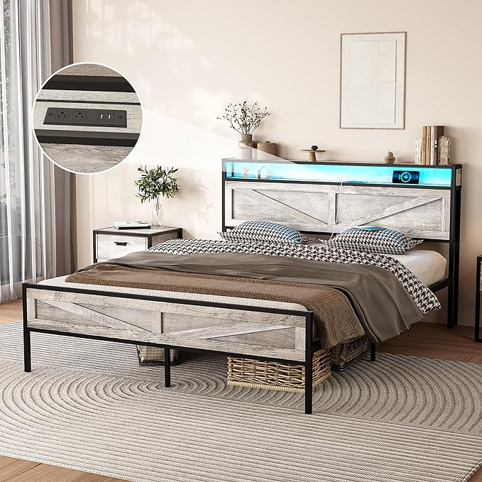 Vabches Queen Size Bed Frame with Headboard and Charging Station, Wash Grey Platform Bed Frame with Led Light, No Box Spring Needed, Noise Free Farmhouse Bedroom Set