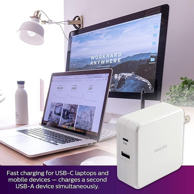 Philips iPhone Charger Fast Charging, 60W USB C 2-Port USB C Charging Block, Foldable Fast Wall Charger for iPhone 16 Series, 15 Series, iPad Pro, White DLP2607Q/37