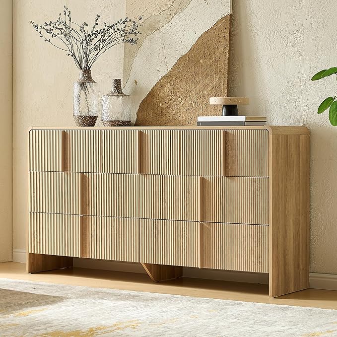 AMERLIFE 63" Fluted 7 Drawer Dresser, Long Modern Chest of Storage Drawers with Pine Handles, Rounded Corners & Anti-Tip Design, Wood Closet Organizer for Bedroom, Living Room, Nursery, Natural Oak