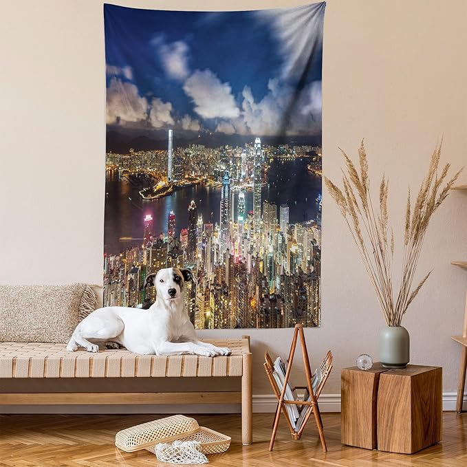 Ambesonne Cityscape Tapestry, Night View Hong Kong Victoria Harbor Business Financial District Cityscape Print, Wall Hanging for Bedroom Living Room Dorm Decor, 40" X 60", White Indigo