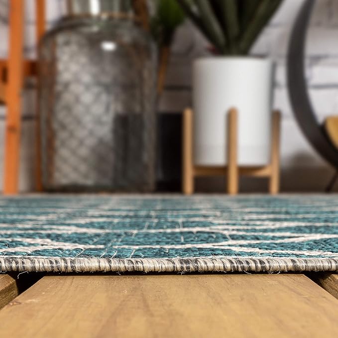 Eyely BMS109E-5SQ Santa Monica Trebol Moroccan Trellis Textured Weave Indoor/Outdoor Area Rug Coastal;Bohemian, Bedroom, Backyard, Patio, Easy-Cleaning, Non-Shedding, 5' Square, Teal/Gray