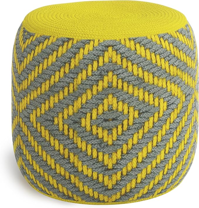 SIMPLIHOME Kent Boho Round Woven Outdoor/ Indoor Pouf in Grey and Yellow Recycled PET Polyester for the Living Room, Bedroom and Kids Room